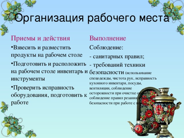Организация рабочего места Приемы и действия Выполнение Взвесить и разместить продукты на рабочем столе Подготовить и расположить на рабочем столе инвентарь и инструменты Проверить исправность оборудования, подготовить к работе Соблюдение: - санитарных правил; - требований техники безопасности  (использование спецодежды, чистота рук, исправность кухонного инвентаря, посуды, вентиляции, соблюдение осторожности при очистке овощей, соблюдение правил резания и техники безопасности при работе с ножом. 