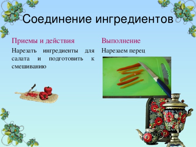Соединение ингредиентов Приемы и действия Выполнение Нарезать ингредиенты для салата и подготовить к смешиванию Нарезаем перец 