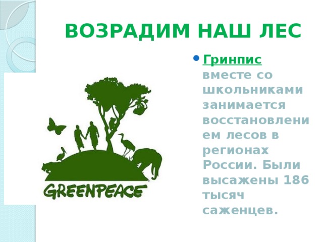 ВОЗРАДИМ НАШ ЛЕС Гринпис вместе со школьниками занимается восстановлением лесов в регионах России. Были высажены 186 тысяч саженцев. 