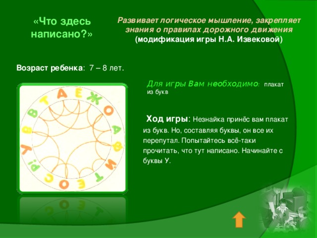 «Что здесь написано?» Развивает логическое мышление, закрепляет знания о правилах дорожного движения (модификация игры Н.А. Извековой) Возраст ребенка : 7 – 8 лет. Для игры Вам необходимо : плакат из букв   Ход игры : Незнайка принёс вам плакат из букв. Но, составляя буквы, он все их перепутал. Попытайтесь всё-таки прочитать, что тут написано. Начинайте с буквы У. 