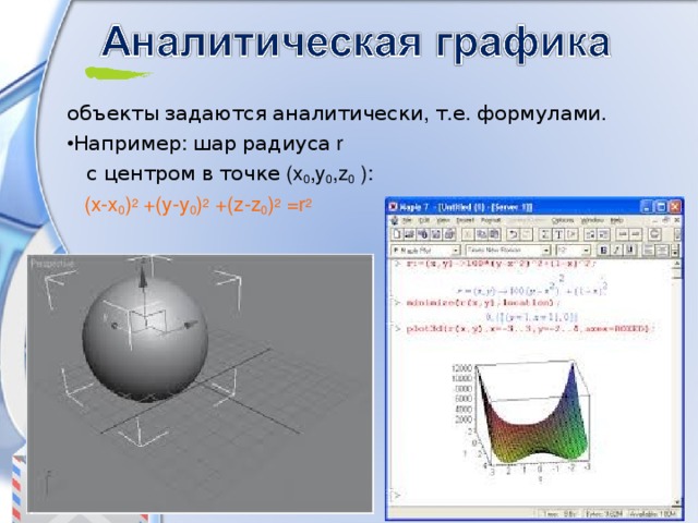 объекты  задаются  аналитически , т . е . формулами . Например : шар  радиуса r  с  центром  в  точке (x 0 ,y 0 ,z 0 ):  (x-x 0 ) 2 +(y-y 0 ) 2 +(z-z 0 ) 2 =r 2 