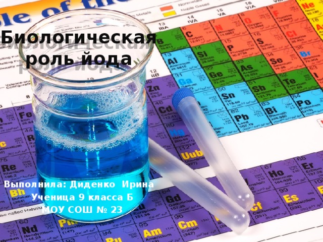 Биологическая роль йода Выполнила: Диденко Ирина Ученица 9 класса Б МОУ СОШ № 23 