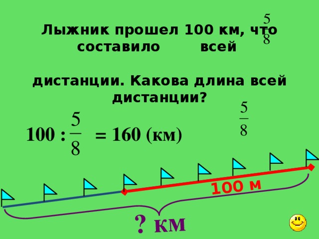 ? км 100 м Лыжник прошел 100 км, что составило всей дистанции. Какова длина всей дистанции? 100 : = 160 (км) Математика 6 класс. Н.Я.Виленкин. №631. 3 