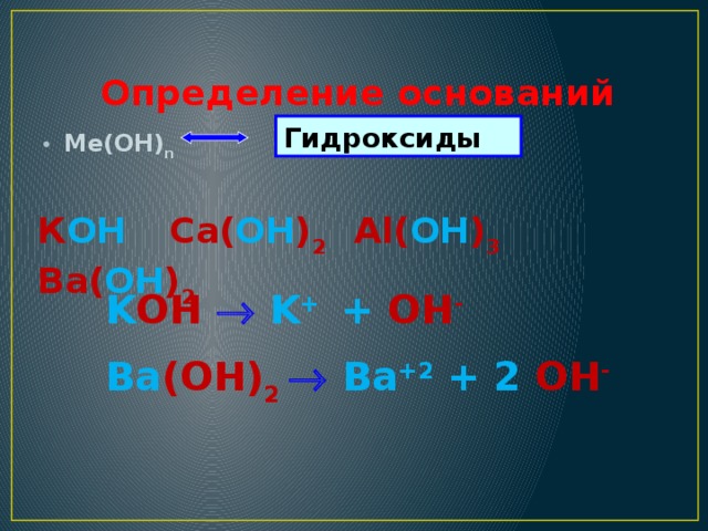 Определение оснований Гидроксиды Ме(ОН) n К ОН  Ca( ОН ) 2  Al( ОН ) 3   Ba( ОН ) 2 K OH    K + + OH - Ba (ОН) 2   Ba +2 + 2 OH - 