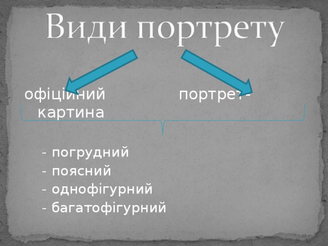 офіційний портрет-картина      - погрудний      - поясний      - однофігурний      - багатофігурний 