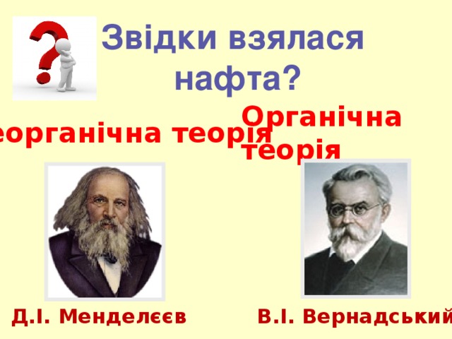 Звідки взялася  нафта? Органічна теорія Неорганічна теорія Д.І. Менделєєв В.І. Вернадський  