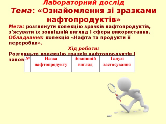 Лабораторний дослід Тема : «Ознайомлення зі зразками нафтопродуктів» Мета:  розглянути колекцію зразків нафтопродуктів, з’ясувати їх зовнішній вигляд і сфери використання. Обладнання:  колекція «Нафта та продукти її переробки». Хід роботи: Розгляньте колекцію зразків нафтопродуктів і заповніть таблицю:       № Назва нафтопродукту Зовнішній вигляд  Галузі застосування  