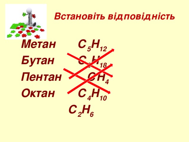      Встановіть відповідність Метан    С 5 Н 12 Бутан    С 8 Н 18 Пентан    СН 4 Октан    С 4 Н 10      С 2 Н 6 