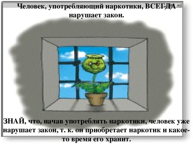 Человек, употребляющий наркотики, ВСЕГДА нарушает закон. ЗНАЙ, что, начав употреблять наркотики, человек уже нарушает закон, т. к. он приобретает наркотик и какое-то время его хранит. 