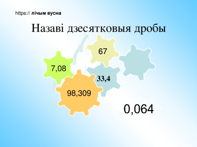 67 https:// лічым вусна Назаві дзесятковыя дробы 7,08 33,4 33,4 98,309 