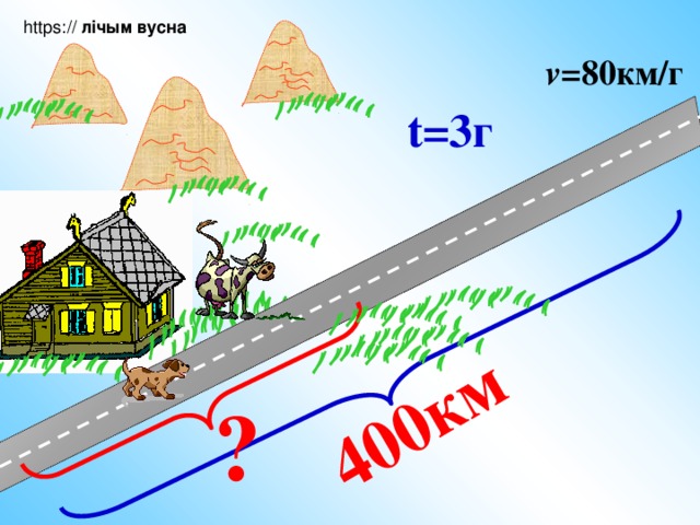 400км https:// лічым вусна v= 80км/г t=3г  Аўтамабіль едзе са скорасцю 80км / ч. Якую адлегласць яму застанецца праехаць праз 3 гадзіны шляху, калі ўсяго яму трэба праехаць 400 км? ? 3 
