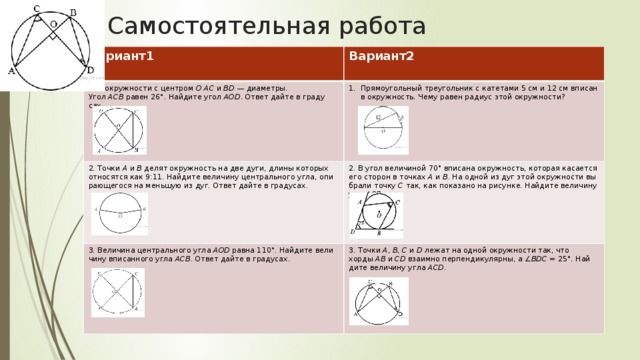 Самостоятельная работа Вариант1 1. В окруж­но­сти с цен­тром  O AC  и  BD  — диа­мет­ры. Угол  ACB  равен 26°. Най­ди­те угол  AOD . Ответ дайте в гра­ду­сах. Вариант2 2. Точки  A  и  B  делят окруж­ность на две дуги, длины ко­то­рых от­но­сят­ся как 9:11. Най­ди­те ве­ли­чи­ну цен­траль­но­го угла, опи­ра­ю­ще­го­ся на мень­шую из дуг. Ответ дайте в гра­ду­сах. Пря­мо­уголь­ный тре­уголь­ник с ка­те­та­ми 5 см и 12 см впи­сан в окруж­ность. Чему равен ра­ди­ус этой окруж­но­сти? 2. В угол ве­ли­чи­ной 70° впи­са­на окруж­ность, ко­то­рая ка­са­ет­ся его сто­рон в точ­ках  A  и  B . На одной из дуг этой окруж­но­сти вы­бра­ли точку  C  так, как по­ка­за­но на ри­сун­ке. Най­ди­те ве­ли­чи­ну угла ACB . 3. Ве­ли­чи­на цен­траль­но­го угла  AOD  равна 110°. Най­ди­те ве­ли­чи­ну впи­сан­но­го угла  ACB . Ответ дайте в гра­ду­сах. 3. Точки  A ,  B ,  C  и  D  лежат на одной окруж­но­сти так, что хорды  AB  и  СD  вза­им­но пер­пен­ди­ку­ляр­ны, а ∠ BDC  = 25°. Най­ди­те ве­ли­чи­ну угла  ACD . 