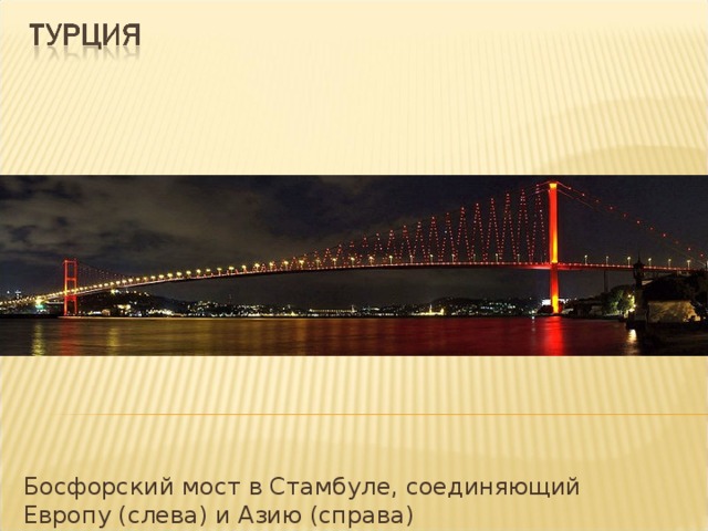Босфорский мост в Стамбуле, соединяющий Европу (слева) и Азию (справа) 