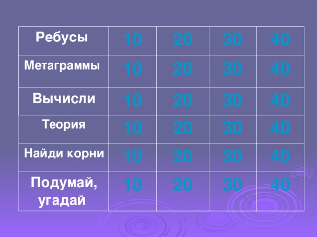 Ребусы 10 Метаграммы Вычисли 20 10 10 Теория 20 30 30 40 20 10 Найди корни 30 20 40 10 Подумай, угадай 40 30 20 10 40 30 20 40 30 40 