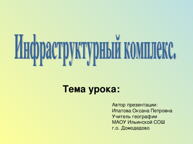 Тема урока: Автор презентации: Ипатова Оксана Петровна Учитель географии МАОУ Ильинской СОШ г.о. Домодедово  