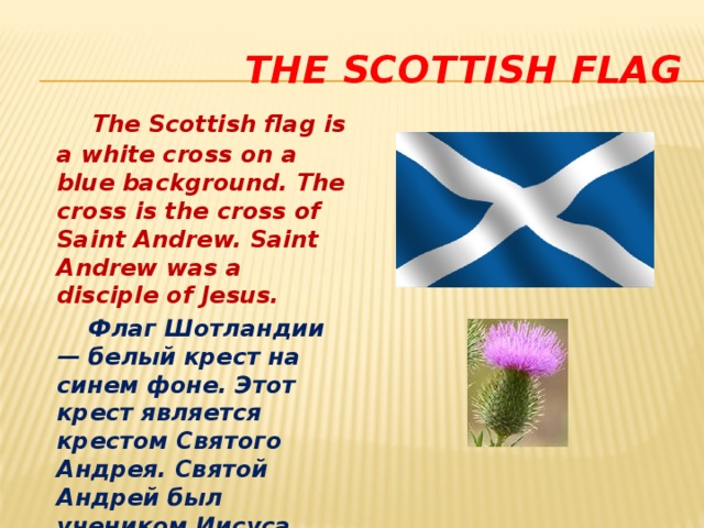  The Scottish flag  The Scottish flag is a white cross on a blue background. The cross is the cross of Saint Andrew. Saint Andrew was a disciple of Jesus.  Флаг Шотландии — белый крест на синем фоне. Этот крест является крестом Святого Андрея. Святой Андрей был учеником Иисуса.  