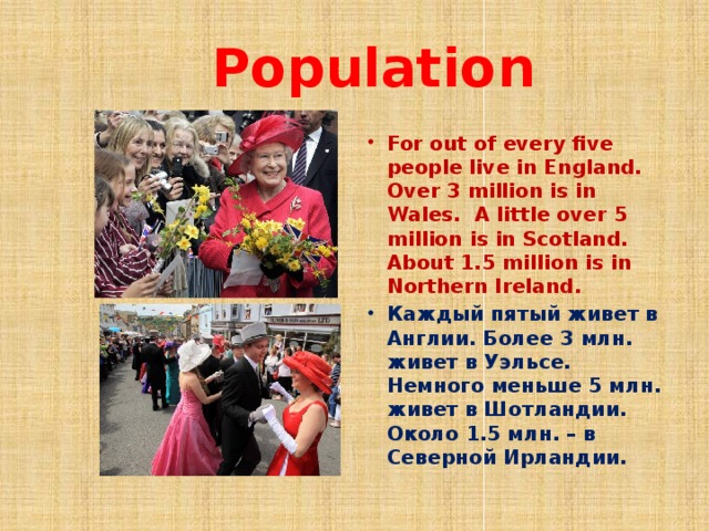  Population For out of every five people live in England. Over 3 million is in Wales. A little over 5 million is in Scotland. About 1.5 million is in Northern Ireland. Каждый пятый живет в Англии. Более 3 млн. живет в Уэльсе. Немного меньше 5 млн. живет в Шотландии. Около 1.5 млн. – в Северной Ирландии. 