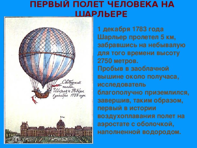 ПЕРВЫЙ ПОЛЕТ ЧЕЛОВЕКА НА ШАРЛЬЕРЕ  1 декабря 1783 года Шарльер пролетел 5 км, забравшись на небывалую для того времени высоту 2750 метров. Пробыв в заоблачной вышине около получаса, исследователь благополучно приземлился, завершив, таким образом, первый в истории воздухоплавания полет на аэростате с оболочкой, наполненной водородом. 