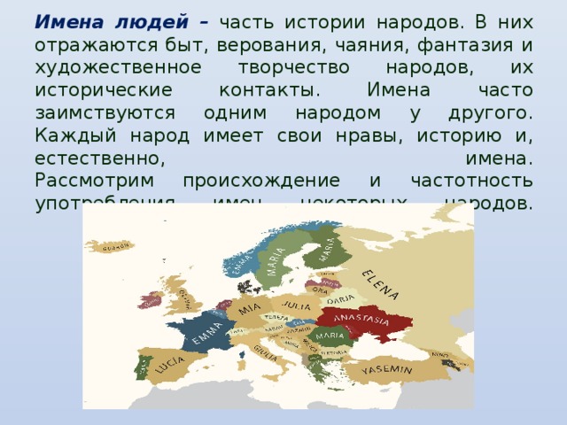  Имена людей – часть истории народов. В них отражаются быт, верования, чаяния, фантазия и художественное творчество народов, их исторические контакты. Имена часто заимствуются одним народом у другого. Каждый народ имеет свои нравы, историю и, естественно, имена.  Рассмотрим происхождение и частотность употребления имен некоторых народов.    