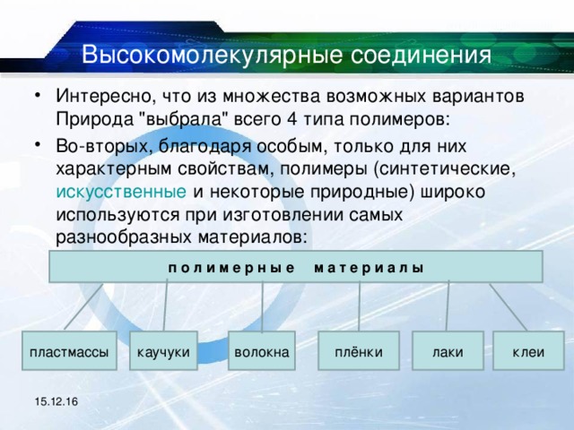 Высокомолекулярные соединения Интересно, что из множества возможных вариантов Природа 