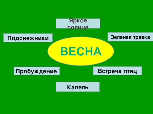 Яркое солнце Зеленая травка Подснежники Встреча птиц Пробуждение  Капель 