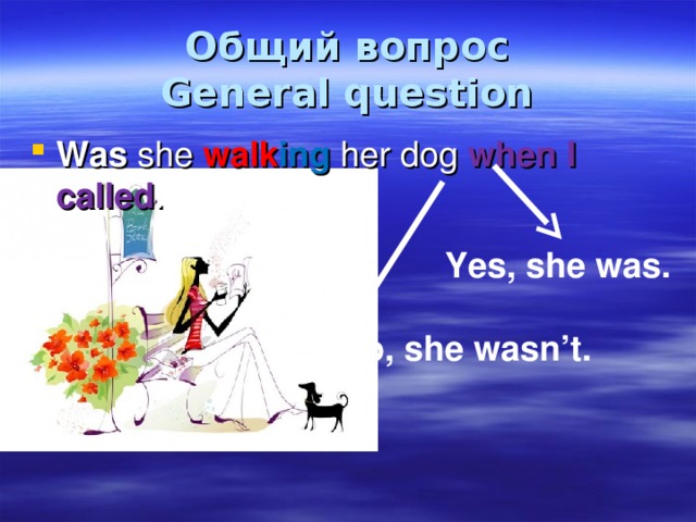 Общий вопрос  General question Was she walk ing her dog when I called .  Yes, she was.  No, she wasn’t. 