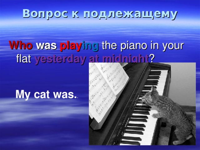 Вопрос к подлежащему   Who was play ing the piano in your flat yesterday at midnight ? My cat was. . 