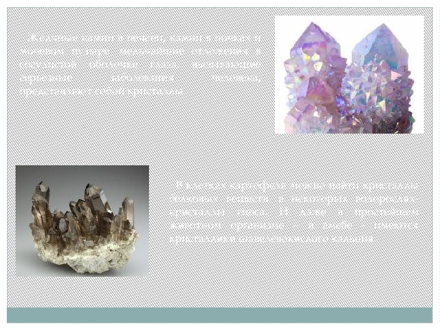  Желчные камни в печени, камни в почках и мочевом пузыре, мельчайшие отложения в сосудистой оболочке глаза, вызывающие серьезные заболевания человека, представляют собой кристаллы .  В клетках картофеля можно найти кристаллы белковых веществ, в некоторых водорослях- кристаллы гипса. И даже в простейшем животном организме – в амебе - имеются кристаллики щавелевокислого кальция. 
