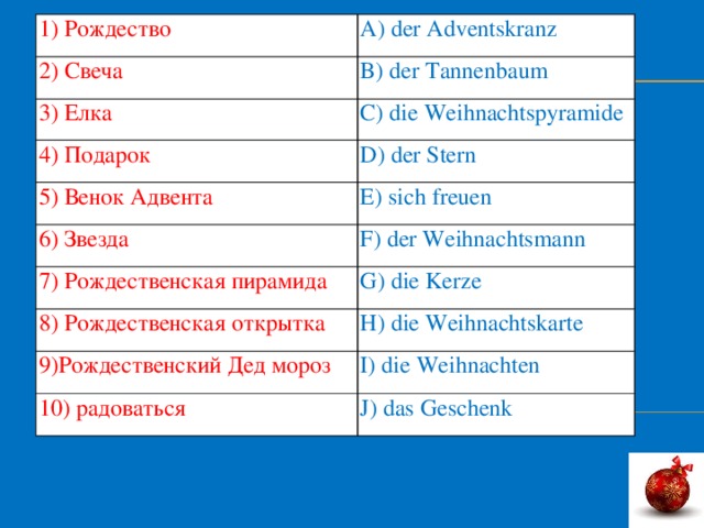 1) Рождество A) der Adventskranz 2) Свеча B) der Tannenbaum 3) Елка C) die Weihnachtspyramide 4) Подарок 5) Венок Адвента D) der Stern E) sich freuen 6) Звезда F) der Weihnachtsmann 7) Рождественская пирамида G) die Kerze 8) Рождественская открытка H) die Weihnachtskarte 9)Рождественский Дед мороз 10) радоваться I) die Weihnachten J) das Geschenk 