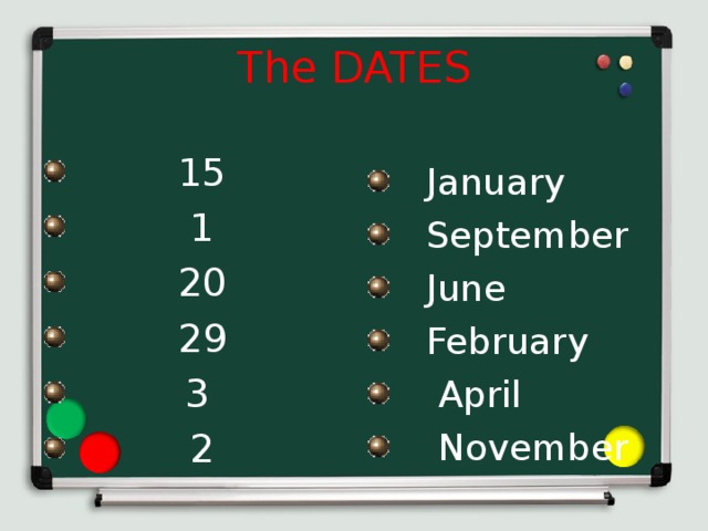 The DATES  15  1  20  29  3  2  January  September  June  February  April  November 