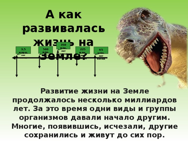 А как развивалась жизнь на Земле? 350 млн. лет назад 500 млн. лет назад 225 млн. лет назад 3,5 млрд. лет назад  65 млн. лет назад Развитие жизни на Земле продолжалось несколько миллиардов лет. За это время одни виды и группы организмов давали начало другим. Многие, появившись, исчезали, другие сохранились и живут до сих пор. 