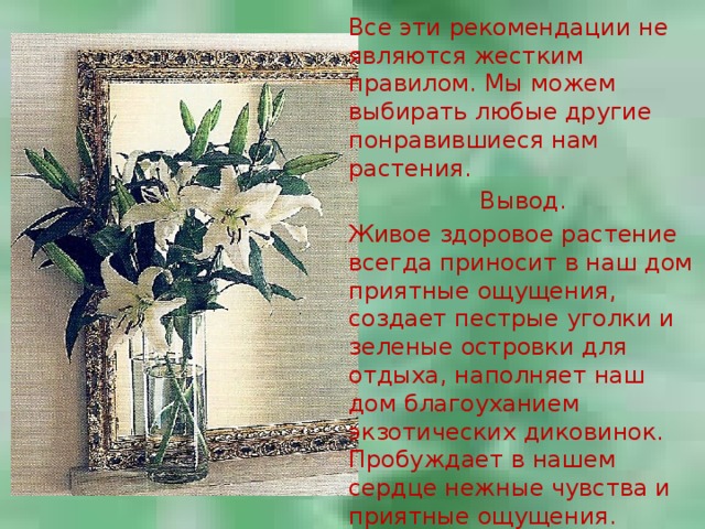 Все эти рекомендации не являются жестким правилом. Мы можем выбирать любые другие понравившиеся нам растения. Вывод. Живое здоровое растение всегда приносит в наш дом приятные ощущения, создает пестрые уголки и зеленые островки для отдыха, наполняет наш дом благоуханием экзотических диковинок. Пробуждает в нашем сердце нежные чувства и приятные ощущения. 