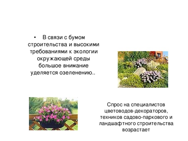 В связи с бумом строительства и высокими требованиями к экологии окружающей среды большое внимание уделяется озеленению.. Спрос на специалистов цветоводов-декораторов, техников садово-паркового и ландшафтного строительства возрастает 