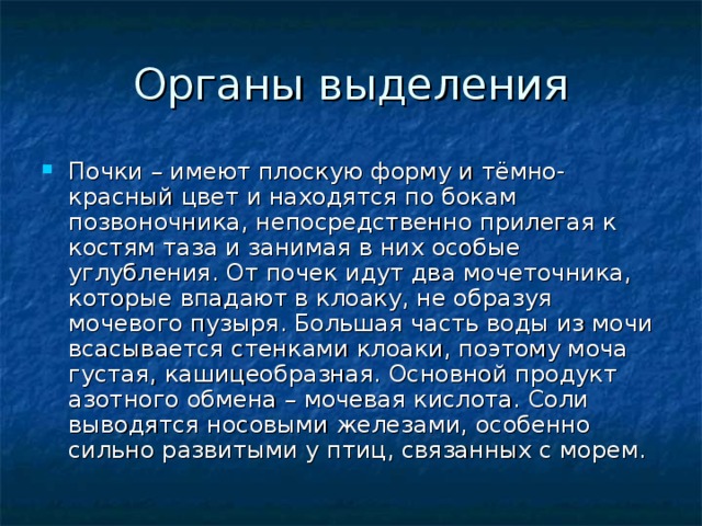 Органы выделения Почки – имеют плоскую форму и тёмно-красный цвет и находятся по бокам позвоночника, непосредственно прилегая к костям таза и занимая в них особые углубления. От почек идут два мочеточника, которые впадают в клоаку, не образуя мочевого пузыря. Большая часть воды из мочи всасывается стенками клоаки, поэтому моча густая, кашицеобразная. Основной продукт азотного обмена – мочевая кислота. Соли выводятся носовыми железами, особенно сильно развитыми у птиц, связанных с морем. 