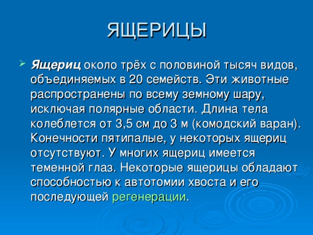 ЯЩЕРИЦЫ Ящериц около трёх с половиной тысяч видов, объединяемых в 20 семейств. Эти животные распространены по всему земному шару, исключая полярные области. Длина тела колеблется от 3,5 см до 3 м (комодский варан). Конечности пятипалые, у некоторых ящериц отсутствуют. У многих ящериц имеется теменной глаз. Некоторые ящерицы обладают способностью к автотомии хвоста и его последующей регенерации . 