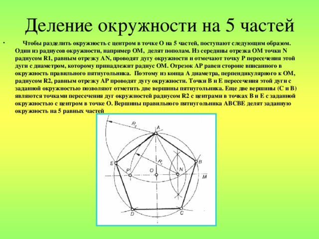 Деление окружности на 5 частей  Чтобы разделить окружность с центром в точке О на 5 частей, поступают следующим образом. Один из радиусов окружности, например ОМ, делят пополам. Из середины отрезка ОМ точки N радиусом R 1, равным отрезку А N , проводят дугу окружности и отмечают точку Р пересечения этой дуги с диаметром, которому принадлежит радиус ОМ. Отрезок АР равен стороне вписанного в окружность правильного пятиугольника. Поэтому из конца А диаметра, перпендикулярного к ОМ, радиусом R 2, равным отрезку АР проводят дугу окружности. Точки В и Е пересечения этой дуги с заданной окружностью позволяют отметить две вершины пятиугольника. Еще две вершины (С и В) являются точками пересечения дуг окружностей радиусом R 2 с центрами в точках В и Е с заданной окружностью с центром в точке О. Вершины правильного пятиугольника АВСВЕ делят заданную окружность на 5 равных частей 