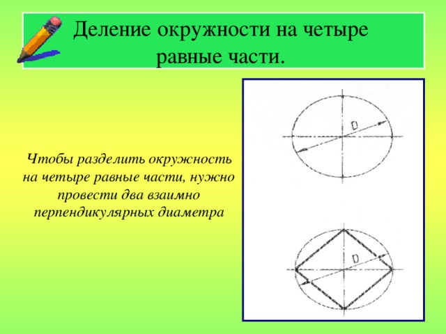 Деление окружности на четыре  равные части. Чтобы разделить окружность на четыре равные части, нужно провести два взаимно перпендикулярных диаметра 