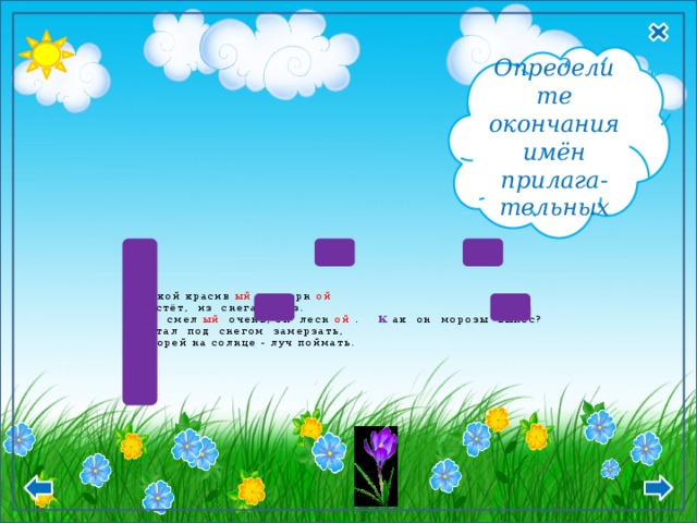  М.р  И.п. - ой,  - ый, - ий Определите окончания имён прилага- тельных         К акой красив ый ,  озорн ой  Р астёт,  из  снега вылез.  О н  смел ый   очень, он  лесн ой . К ак  он  морозы  вынес?  У стал  под  снегом  замерзать,  С корей на солнце - луч поймать.        
