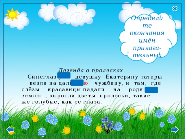 Ж.р В.п. -ую, -юю Определите окончания имён прилага- тельных   Легенда о пролесках  Синеглаз ую девушку Екатерину татары везли на дальн юю чужбину, и там, где слёзы красавицы падали на родн ую землю , выросли цветы пролески, такие  же голубые, как ее глаза .   