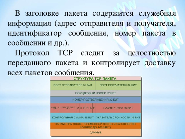 В заголовке пакета содержится служебная информация (адрес отправителя и получателя, идентификатор сообщения, номер пакета в сообщении и др.). Протокол TCP следит за целостностью переданного пакета и контролирует доставку всех пакетов сообщения. 