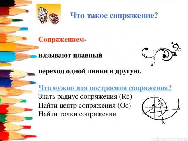   Что такое сопряжение?   Сопряжением-  называют плавный  переход одной линии в другую. Что нужно для построения сопряжения? Знать радиус сопряжения (Rc ) Найти центр сопряжения (Ос) Найти точки сопряжения 