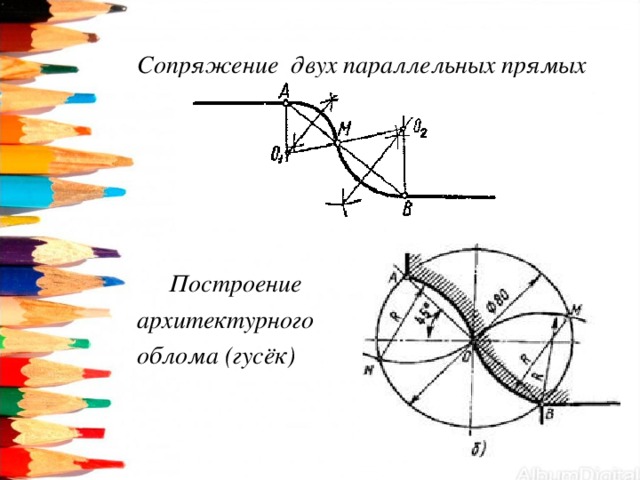  Сопряжение  двух параллельных прямых      Построение  архитектурного  облома (гусёк)  