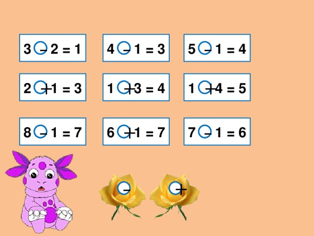 4 1 = 3 3 2 = 1 5 1 = 4 – – – 2 1 = 3 1 3 = 4 1 4 = 5 + + + 6 1 = 7 8 1 = 7 7 1 = 6 – – + + – 