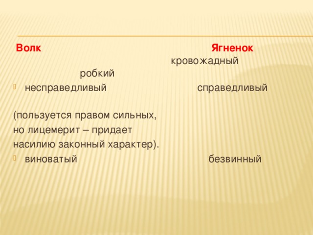  Волк Ягненок кровожадный робкий несправедливый справедливый (пользуется правом сильных, но лицемерит – придает насилию законный характер). виноватый безвинный  