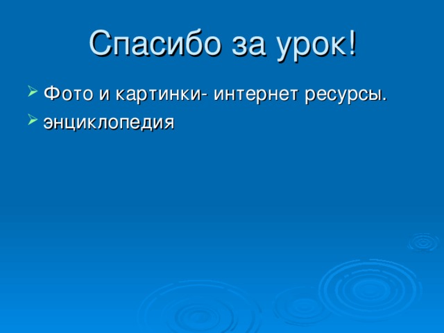 Спасибо за урок! Фото и картинки- интернет ресурсы. энциклопедия 