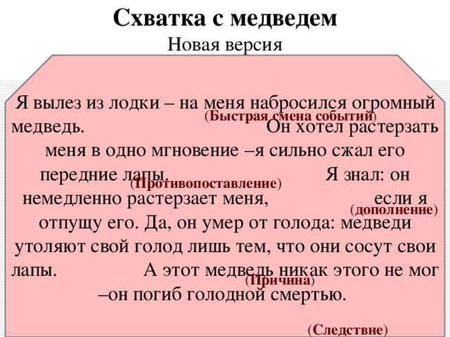        Схватка с медведем  Новая версия Я вылез из лодки – на меня набросился огромный медведь. Он хотел растерзать меня в одно мгновение –я сильно сжал его передние лапы.   Я знал: он немедленно растерзает меня, если я отпущу его. Да, он умер от голода: медведи утоляют свой голод лишь тем, что они сосут свои лапы. А этот медведь никак этого не мог –он погиб голодной смертью. ( Быстрая смена событий ) ( Противопоставление ) ( дополнение ) ( Причина ) ( Следствие ) 