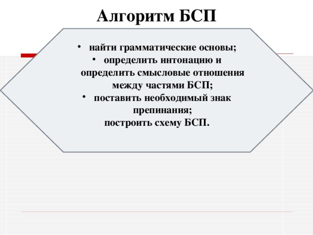 Алгоритм БСП найти грамматические основы; определить интонацию и определить смысловые отношения между частями БСП; поставить необходимый знак препинания; построить схему БСП.  