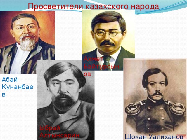 Просветители казахского народа Ахмет Байтурсынов Абай Кунанбаев Ыбрай Алтынсарин Шокан Уалиханов 