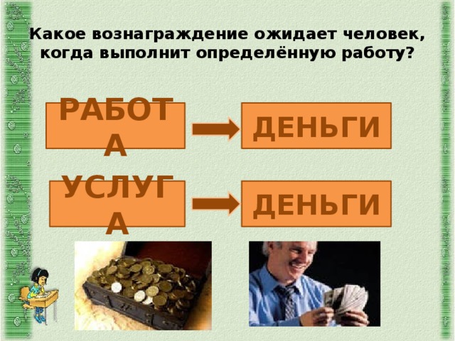 Какое вознаграждение ожидает человек, когда выполнит определённую работу? РАБОТА ДЕНЬГИ УСЛУГА ДЕНЬГИ 