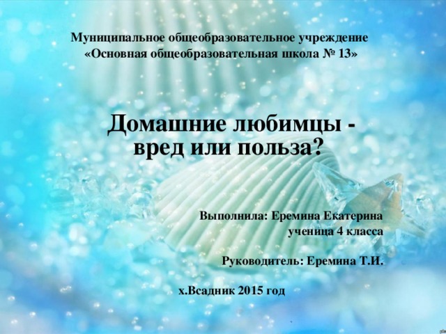 Муниципальное общеобразовательное учреждение  «Основная общеобразовательная школа № 13»   Домашние любимцы - вред или польза?   Выполнила: Еремина Екатерина ученица 4 класса   Руководитель: Еремина Т.И.  х.Всадник 2015 год  